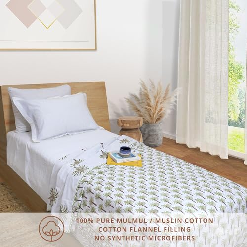 Image of TOAIArt Premium Jaipuri Dohar | AC Blanket Summer Quilt | Hand Block Printed | 3 Layers | Reversible | 150GSM 100% Mulmul Cotton | 100% Cotton Flannel Filling | Single 60 inch X 90 inch |Small Palm