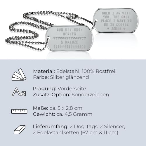 2 Stück personalisierte Erkennungsmarken | Dog Tag Kette mit Prägung | inklusive 2 Ketten & 2 Silencer im Set | diverse Texte und Motive möglich | Rambo | Militär Ausrüstung (Silbern Glänzend)