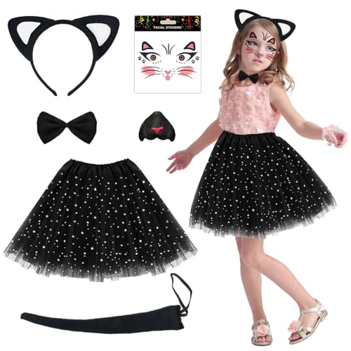 6 Pcs Cat Costume Set Kitten Cosplay Set Accessories Fancy Dress With Kitten Ears Headband Cat Nose Cat Tail Bow Tie Princess Tutu Skirt Cat Face Tattoo Stickers For Halloween World Book Day Carnival