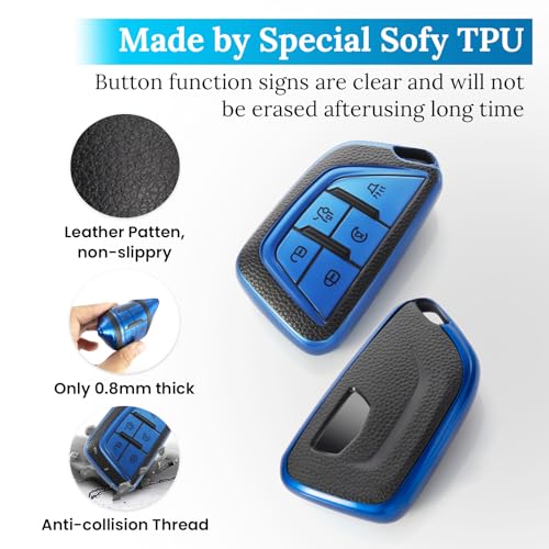 Image of Key Fob Cover for Cadillac escalade, Braided Loop Keychain, Blue | Wear-resistant TPU shell, short PU braided loop, daily splash, scratch and drop protection, normal signal use, easy setup