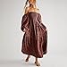ABYOVRT Women Floral Embroidered Maxi Dress Long Puff Sleeve Square Neck Bohemian Flowy Dress with Pockets Summer Fall (Dark Brown,M)