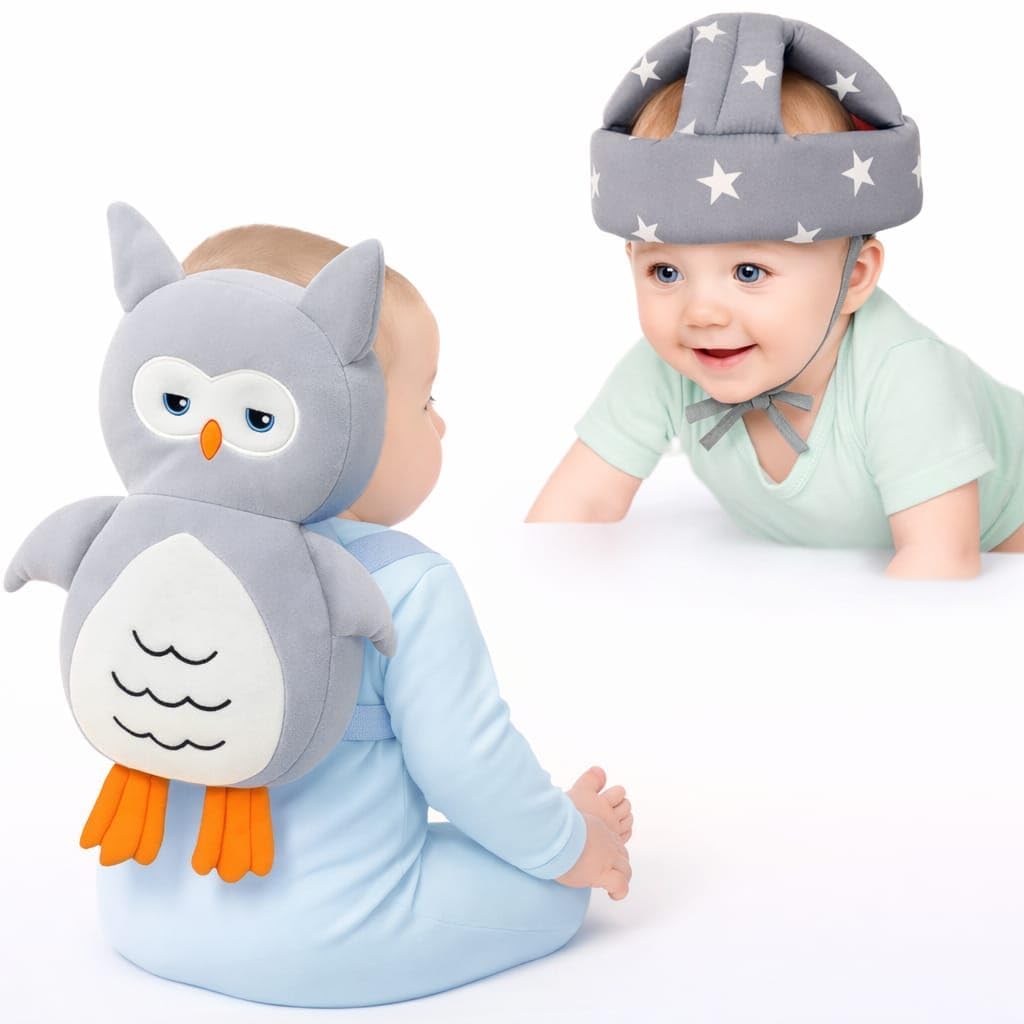 Baby Head Protector Set Adjustable Infant Safety Helmet and Toddler Head Protection Backpack – Anti Fall Head Cushion & Breathable Head Guard for Baby Crawling/Walking (Grey Owl Set)-image-16