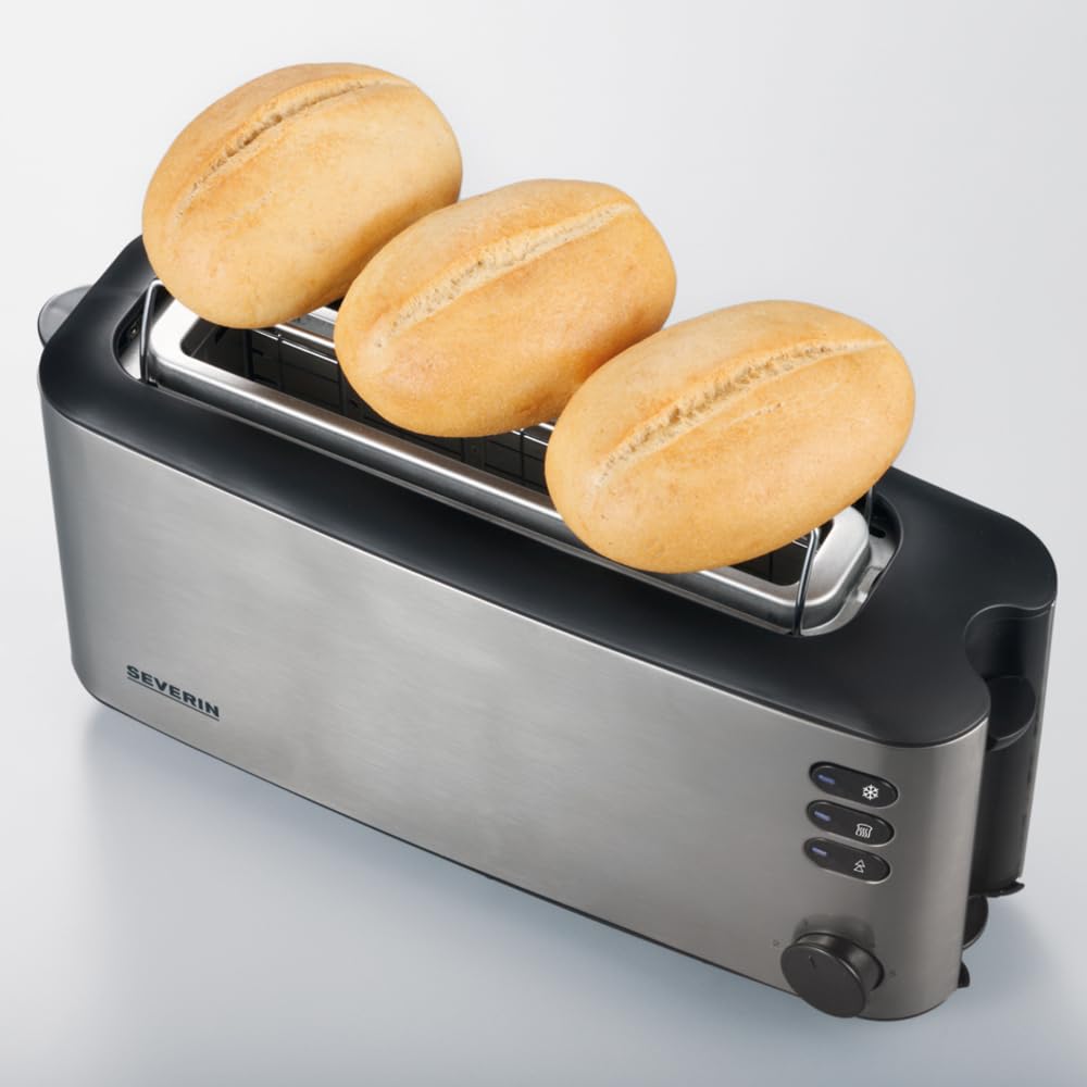 SEVERIN Automatik-Langschlitztoaster, Automatik-Toaster mit Brötchenaufsatz, aus Edelstahl, zum Toasten, Auftauen und Erwärmen, 1.000 W, Edelstahl-gebürstet/schwarz, AT 2515