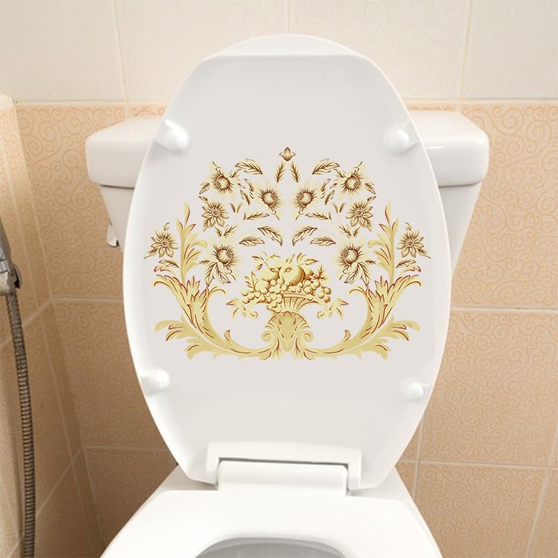 Retro Creativity Flower Toilet Cover Sticker Decals,Pretty Gold Flourish Waterproof Toilet Lid Tank Seat Decals Cistern Self-Adhesive Bathroom Wall Sticker