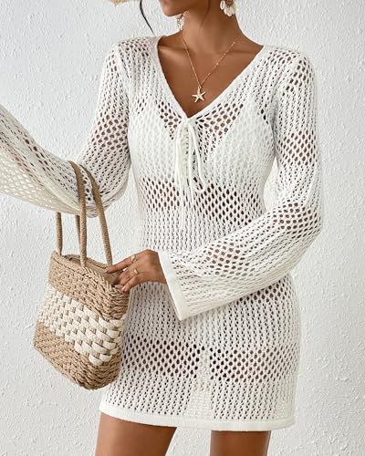 Image of Bsubseach Women Swimsuit Crochet Coverup Long Sleeve V Neck Beach Dress