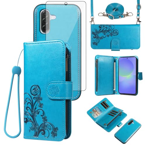 Asuwish Phone Case for Samsung Galaxy A36 5G Zipper Wallet Magnetic Detachable Cell Cover with Tempered Glass Screen Protector Crossbody Strap Flower Card Holder A 36 36A LTE SM-A366U Women Girls Blue