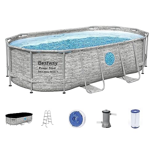 Bestway Power Steel Swim Vista Series II 14' x 8' 2' x 39.5' Above Ground Outdoor Swimming Pool Set with 530 GPH Filter Pump, Ladder, and Pool Cover