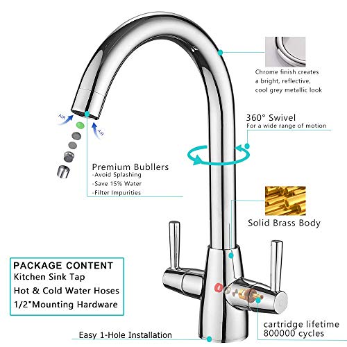 Heable Kitchen Mixer Tap Dual Lever Swivel Spout Chrome Sink Taps with UK Standard Fittings - Image 3