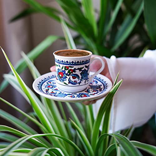 SANTA MARLA Turkish Coffee Cup Set of 2 with Saucers & Holder – Ceramic, Dishwasher-Safe, Keeps Warm – Patterned Turkish Espresso Cups Set for Home & Office (Standart, 2, Count)