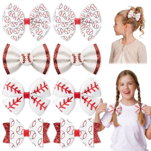 Suncalla 8 Pcs Baseball Hair Bow Clips Red and White Cheer Baseball Bow Hair Clips Glitter Sports Game Clothing Bowknot Accessories Supplies Women Party Outfit