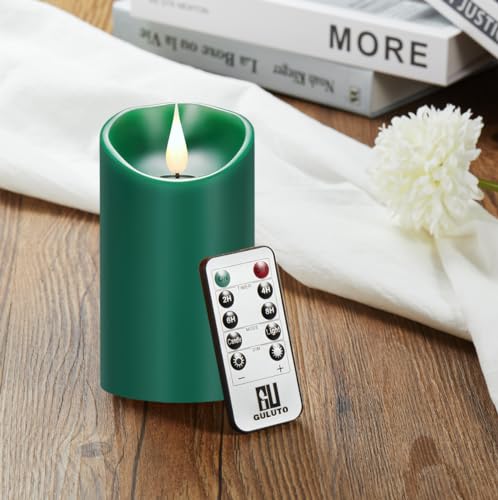 Image of Rechargeable Flameless Candles with Remote, Led Candles Flickering, Battery Operated Candles, Pillar Real Wax Green USB Candle 3D Wick for Home, Wedding, Halloween, Christmas 3 inch x 5 inch