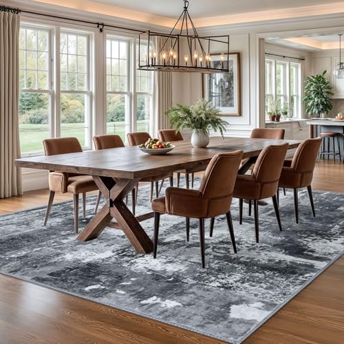 KOZYFLY Modern Abstract Area Rug 8x10 Gray Washable Large Living Room Thin Rugs Bedroom Non Skid Carpet with Faux Wool Soft Low Pile for Dining Room Living Room Office Dorm Kitchen Table Apartment