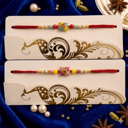 Image of Floral Rakhi Set with Pearl and Crystal Beads, Pack of 2 For Bhaiya
