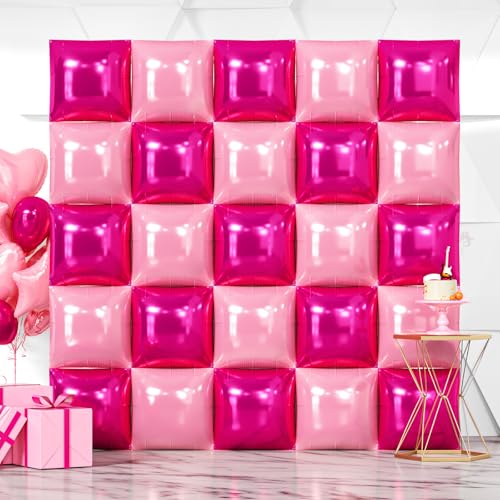 NISOCY 25PCS Hot Magenta Pink Square Foil Balloons Wall Backdrop Double Sided Metallic Pink Balloons Arch Kit for Galentines Valentines Day Bachelorette Birthday Engagement Bridal Party Decorations