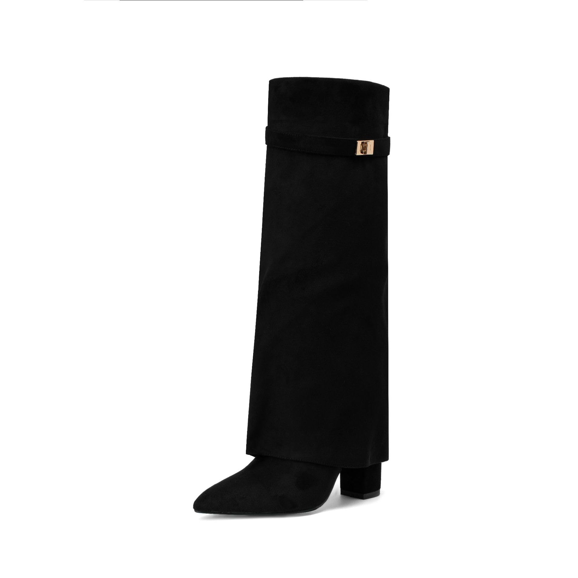 New Womens pointed large tube straight tube metal buckle large size thick heel pants leg boots