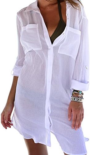NFASHIONSO Women's V-Neck Swimsuit Beach Cover Up Shirt Bikini Beachwear Bathing Suit Beach Dress,White3