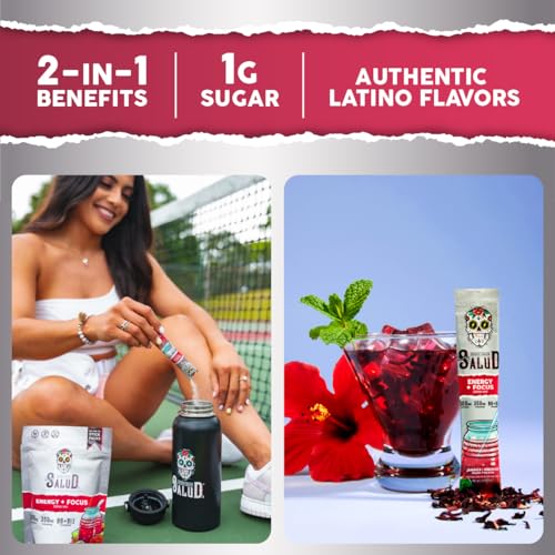 Image of Salud 2-in-1 Energy Drink Powder + Focus, Hibiscus, Organic Caffeine, B6 + B12, Theanine, Clean Energy Drink Packets, Jamaica Agua Fresca Mix, Non-GMO, Gluten Free, Vegan, 1g of Sugar, (15 Servings)