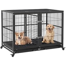 Heavy Duty Dog Crate, 48 Inches Large Metal Dog Kennel with Flexible Divider, 2 Door Pet Cage with Removable Tray and Wheels for Small Medium Large Pets