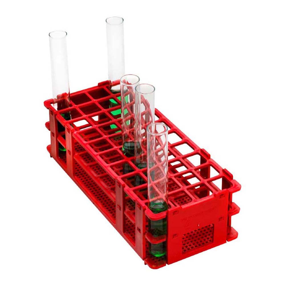 neoLab 6-2547 - Marco para tubos de ensayo de polipropileno, 40 capacidades, 4 x 10 agujeros, 20 mm de diámetro para vasos, 20,5 mm de diámetro, color rojo