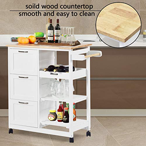charaHOME Kitchen Island Cart with 3 Tier Holder Kitchen Serving Carts Rolling Bar Cart Natural Solid Wood Top with 3 Tier Storage Drawer,Handle Racks,Caster Liquor Cart Suitable for Placing Wine