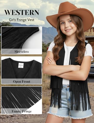 Image of Noomelfish Girls Faux Suede Fringe Vest Sleeveless Boho Tassels Jacket Cardigan (5-12 Years)