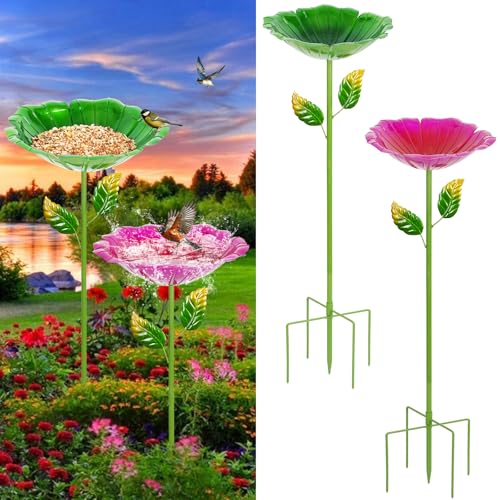 Image of 2 Pack Bird Bath for Outside, Outdoors Garden Decor Flower Birdbath | Colorful Metal Bird Bowl with Five Stakes for Hummingbird Baths & Bird Feeders, 31.3 inch H x 10.63 inch Dia (Red,Green)