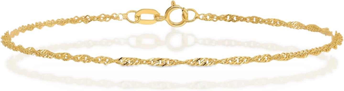 IceCarats 14K Solid Yellow Gold 1.4mm Dainty Singapore Chain Bracelet Polished, Twisted