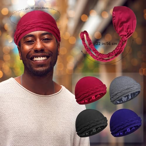 Image of 4 Pcs Satin Lined Turban Head Wraps for Men, Turban Head Scarf for Hair