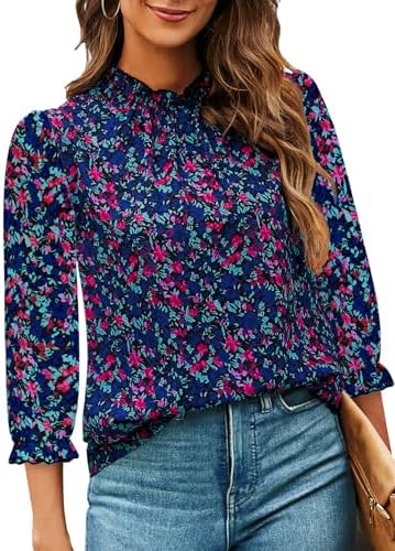 SimpleFun Womens Blouses 3/4 Sleeve Ruffle Neck Printed Business Casual Tops Flowy Dressy Work Shirts