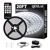 QENLAI 20ft White LED Strip Lights with Remote, 6500K Dimmable 12V LED Light Strip, 360 LEDs Flexible Cuttable Tape Lights for Bedroom Kitchen Cabinet Ceiling Lighting