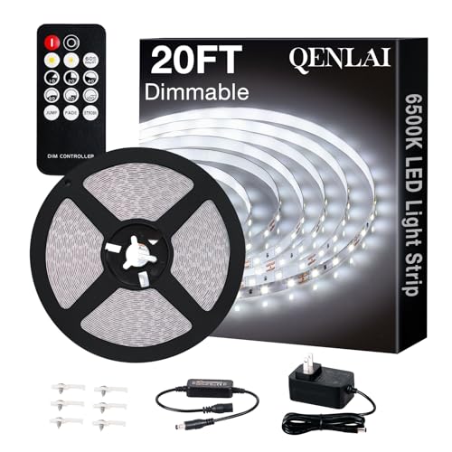 QENLAI 20ft White LED Strip Lights with Remote, 6500K Dimmable 12V LED Light Strip, 360 LEDs Flexible Cuttable Tape Lights for Bedroom Kitchen Cabinet Ceiling Lighting