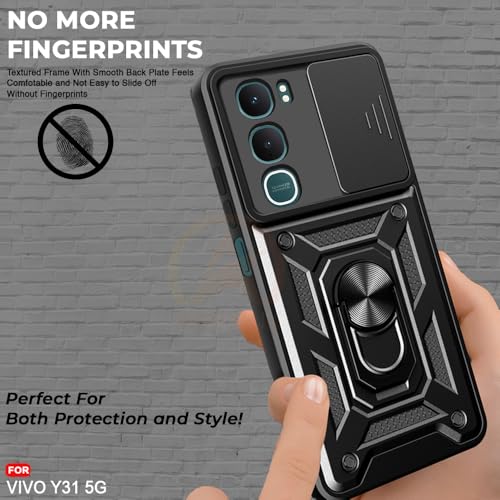 Image of Armor Bumper Back Cover Case for Vivo Y31 5G Rotating Camera Cover, Ring Holder & Kickstand | Heavy Duty & 360 Degree Protection Vivo Y31 5G Back Cover (Black)