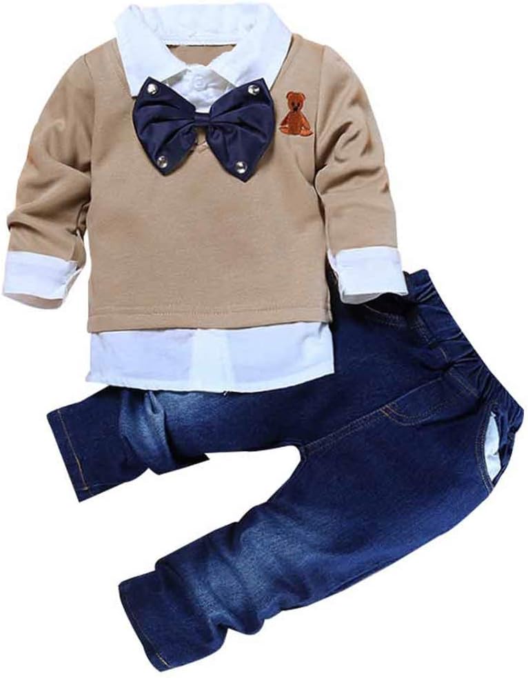 MYGBCPJS 3Pcs Boy Handsome Outfit Set Plaid Shirt + T-Shirt + Suspender Jean Sets