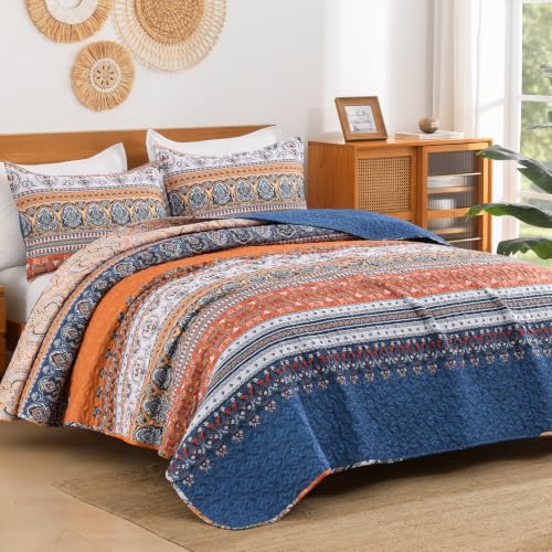 Image of Andency Blue Orange King Size Quilt Set, 3 Pieces Boho Striped Bedspread | Soft Lightweight Blue Orange Printed Bohemian Polyester Reversible Coverlet Comforter Sets for All Season (106 inchx96 inch)