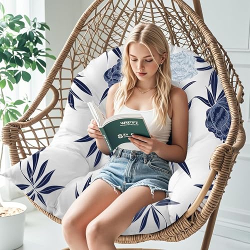 Uthem Waterproof Egg Chair Cushion Replacement Outdoor Hanging Egg Chair Cushion 47x35x7 Inches Thicken Chair Cushions with Ties, Blue Enchantress