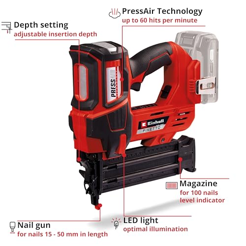 Einhell Power X-Change Cordless Nail Gun - 18V Single and Serial Shot Electric Nailer, 60 Shots/Min, Depth Adjustment TE-CN 18 Li Solo with 500 Nails (Battery Not Included), Red & Black (4257795) 3 Einhell Power X-Change Cordless Nail Gun - 18V Single and Serial Shot Electric Nailer, 60 Shots/Min, Depth Adjustment TE-CN 18 Li Solo with 500 Nails (Battery Not Included), Red & Black (4257795) - Image 3