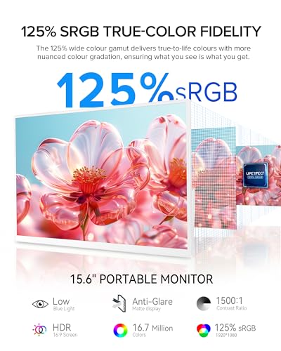 Image of UPERFECT Portable Monitor 15.6 inch, 125% sRGB 1080P Laptop Monitor, Ultra-Slim White Display, USB-C & MINI HDMI, 350 Nits, VESA & Case, Travel Small Second Screen for Computer, Mini PC, Game Consoles