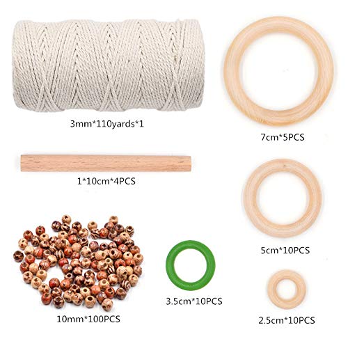 Image of 3mm 110Yards Natural Macrame Cotton Cord Thread With Wooden Beads, Rings, Sticks for Knitting Crafts, Wall Hanging, Plant Hangers, Handicrafts, Home Decoration, Handmade DIY