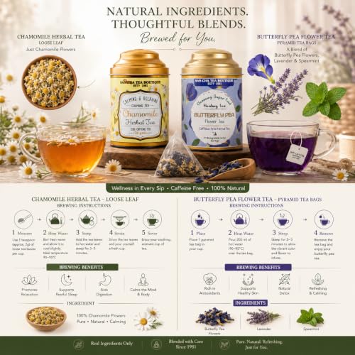 Image of Sancha Tea Boutique, Tea Combo Pack: Chamomile Herbal Tisane (50g) & Butterfly Pea Flower Tisane (25 Pyramid Bags), Caffeine Free Herbal Tisanes, Calming & Relaxing