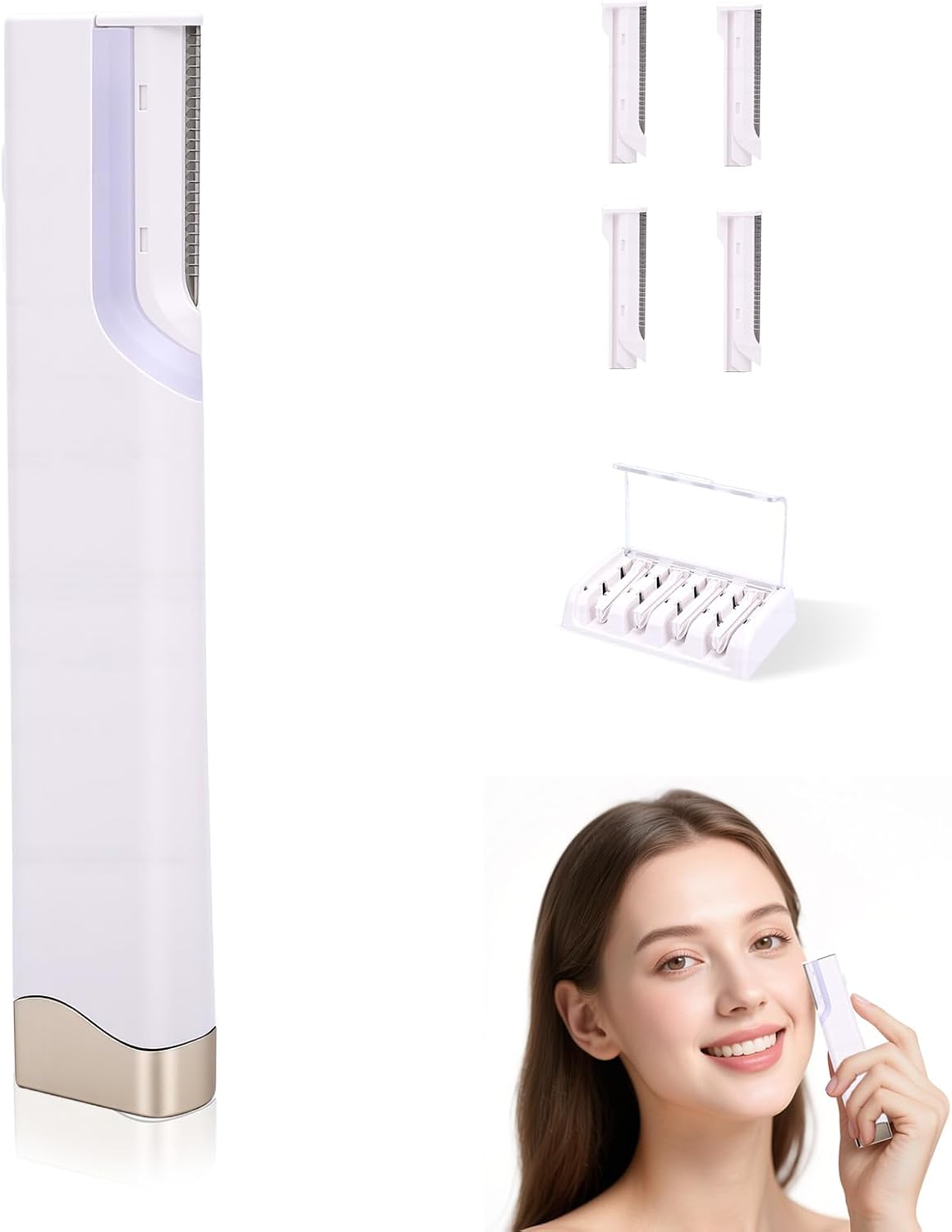 Face Hair Remover, 2 in 1 Rechargeable Painless Electric Eyebrow Trimmer Facial Hair Removal for Women with LED Light, 3 Adjustable Speed, 4 Refill Dermablades