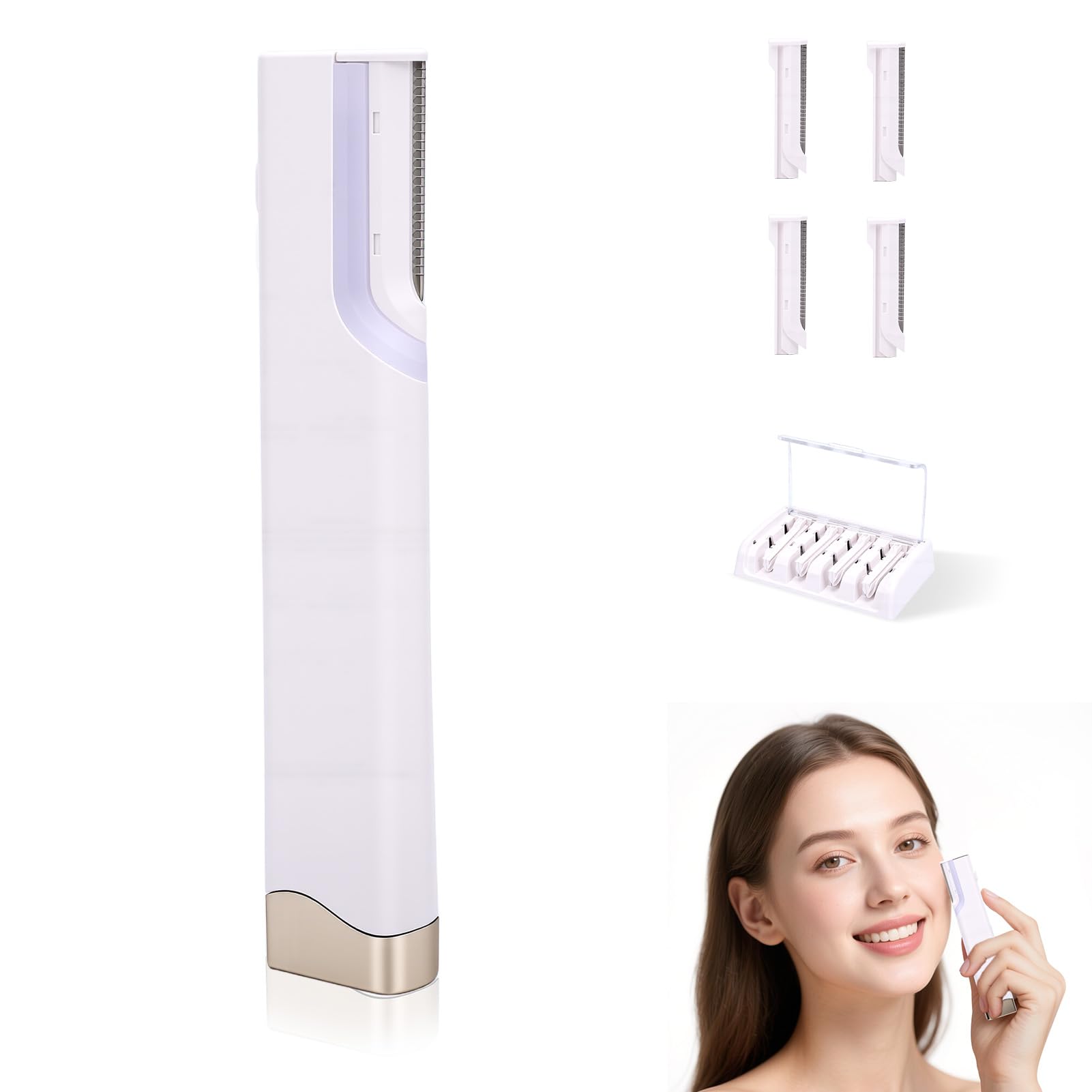 Face Hair Remover, 2 in 1 Rechargeable Painless Electric Eyebrow Trimmer Facial Hair Removal for Women with LED Light, 3 Adjustable Speed, 4 Refill Dermablades