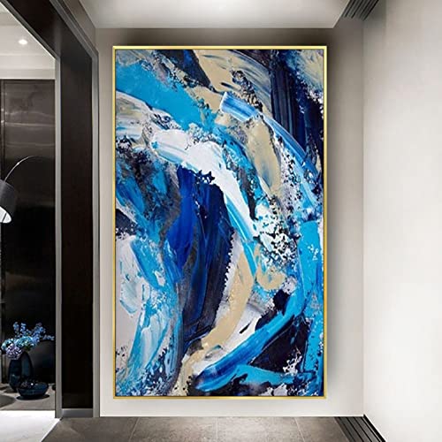 Peintures d'art texturées à la main de vagues bleues, œuvre sur toile extra large de prestige
