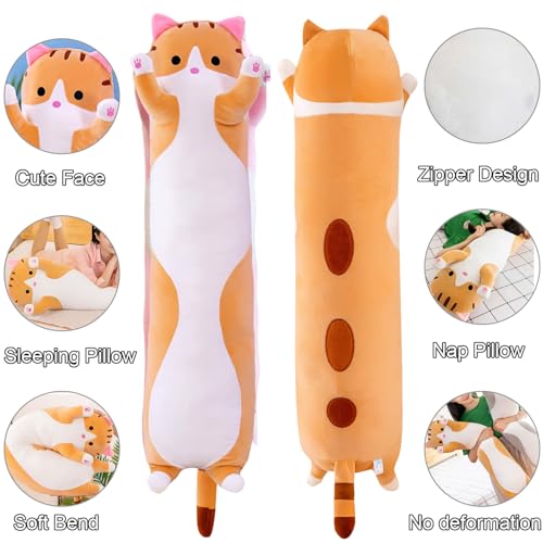 Image of Giant Cat Pillow Plush Cartoon Kitty Sleeping Hugging Pillow, Cuddly Soft Long Kitten Body Pillow Doll Cat Cushion Toy for Kids Girlfriend (Yellow, 150cm /59inch)