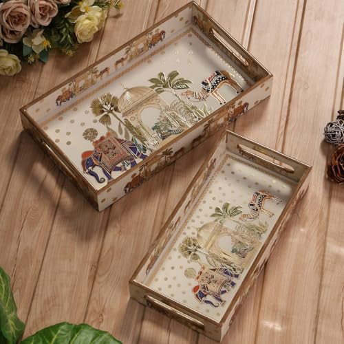 Image of Wooden Serving Tray with Gold Engraving | Set of 2 | Size : 14 x 8 inch & 12 x 6 inch | Enamel Coated Waterproof | Rectangular | Decorative Trays | Royal Camel Medium & Small