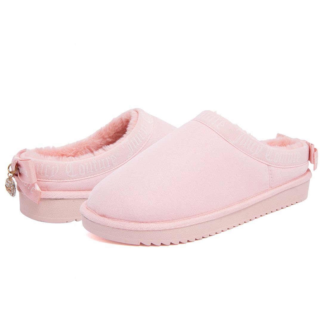 Juicy Couture Dulcet Damen-Clog-Hausschuhe, Plüsch-Kunstfell, gefüttert, mit Memory-Schaum-Kissen, gemütliches Obermaterial aus Mikro-Wildleder, für drinnen und draußen
