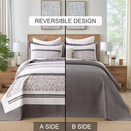 Bedduvit 100% Cotton 120"x128" Oversized California King Bedspreads - Farmhouse Botanical Cal King Bedspread Set, 3pcs Lightweight Rustic Striped Patchwork Extra Large Cotton Quilts, Brown/Gray/White - image 5