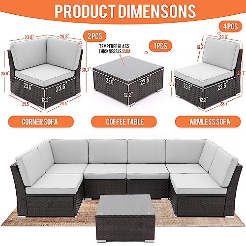 Tiubroe 7 Pieces Patio Furniture Sets, Outdoor Pe Rattan Sectional Sofa Conversation Set, All Weather Conversation Set W/6 Seat Cushions And 1 Coffee Table (Light Gray) #TOP1
