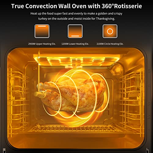 24'Electric Single Wall Oven with 2 Racks 2.6 cu. ft., 8 Functions, Built-in Wall Oven Mechanical Knob, 360°Rotisserie, 220V 3200W True Convection Wall Oven, Safety Lock, Timer, 304 Stainless