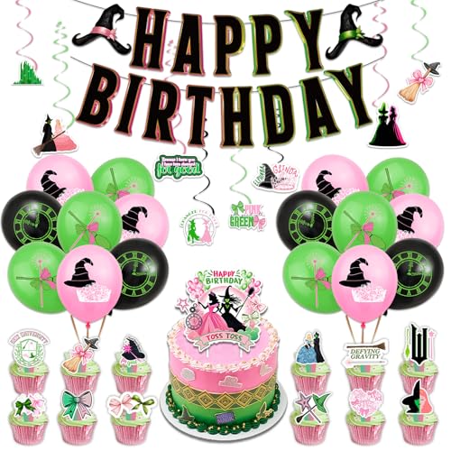 38Pcs Witch Movie Birthday Decorations- Witch Party Decorations- Banner Hanging Swirls, Cake Toppers, Cupcake Toppers &16Pcs Balloons for Birthday Party Supplies