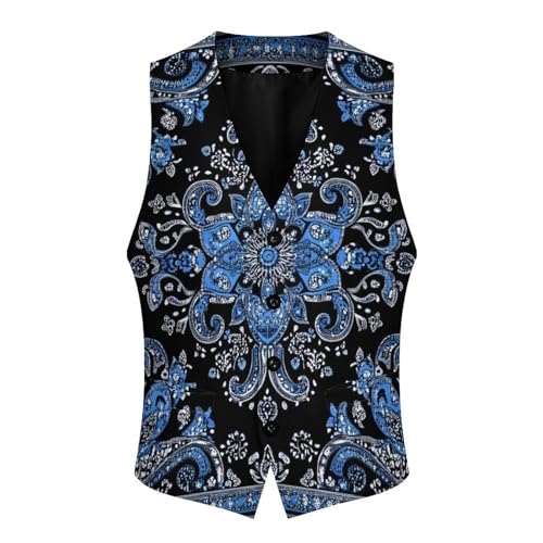 Blue Paisley Bandana Suit Vest for Men Slim Fit Sleeveless Jacket V Neck Business Waistcoat Button Up Dressy Top 6